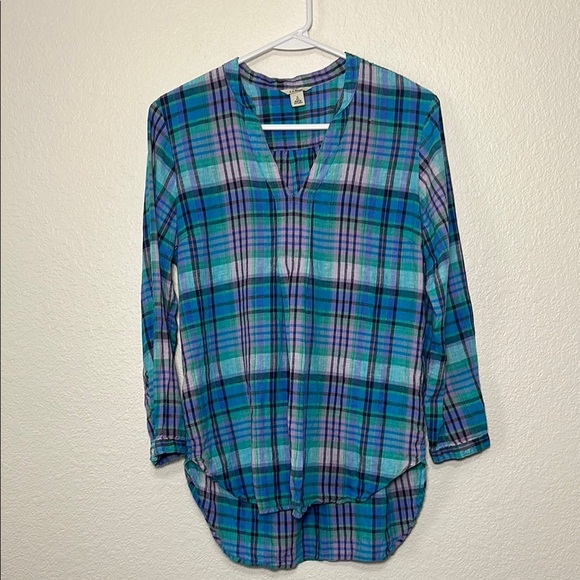 Linen L.L. Bean Plaid V-Neck Women's Top S Petite - Picture 1 of 7